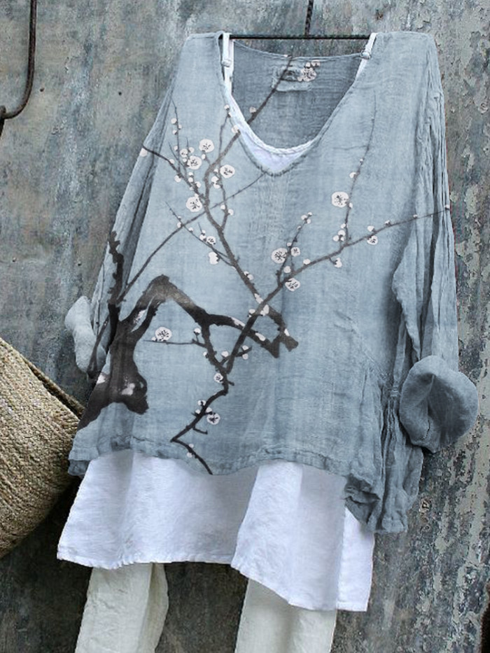 Plum Blossom Japanese Art Linen Blend Tunic