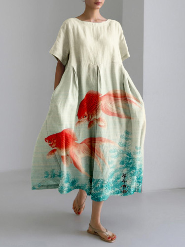 Goldfish Japanese Art Linen Blend Maxi Dress