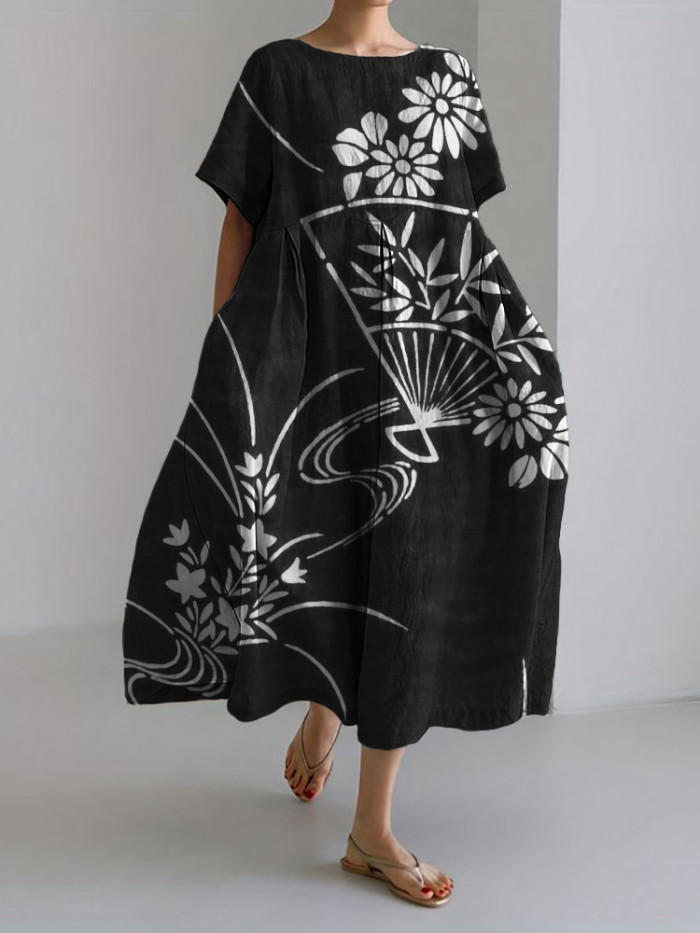 Fan Floral Japanese Art Linen Blend Maxi Dress