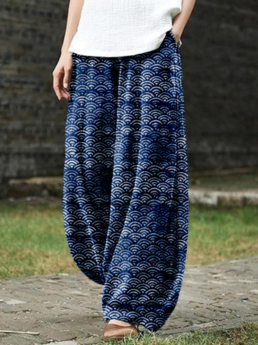 Japanese Waves Inspired Pattern Linen Blend Casual Pants