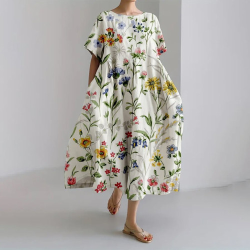 Floral Print Round Neck Short Sleeve Midi Dress