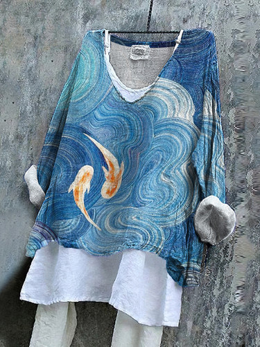 Japanese Art Wave Goldfish Print V-Neck Loose Blouse