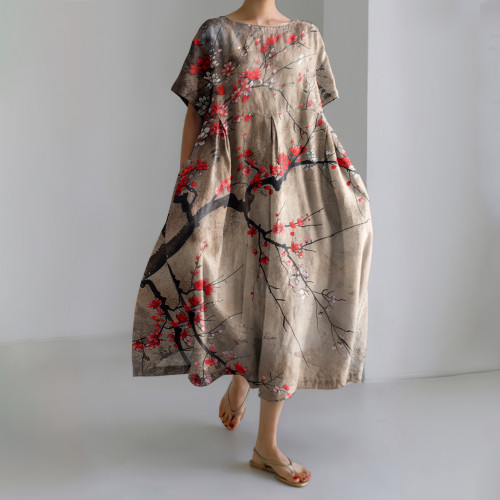 Retro Blossom Japanese Art  Round Neck Short Sleeve Casual Midi Dress
