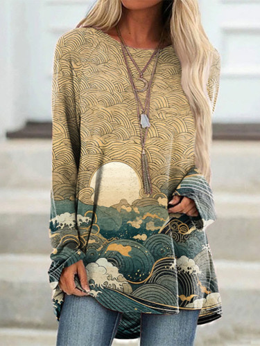 Ancient Japanese Style Wave Print Cozy Long Sleeved Tunic