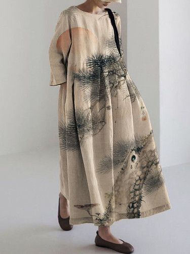 Pine Trees Sunrise Japanese Art Linen Blend Maxi Dress