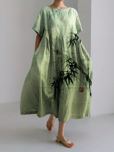 Bamboo Forest Full Moon Japanese Art Linen Blend Maxi Dress