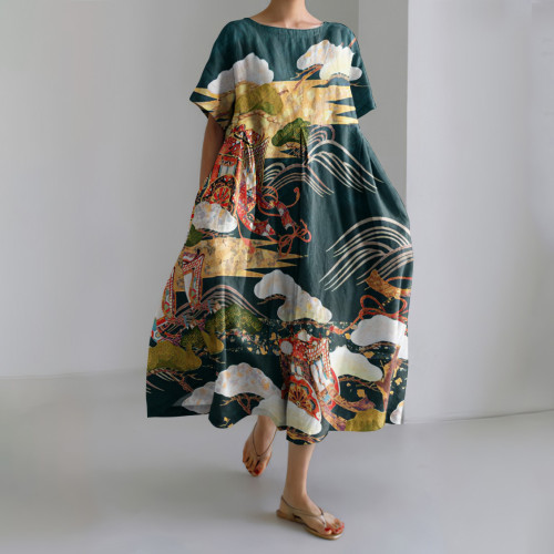 Japanese Art Print Short Sleeve Casual Midi Dress