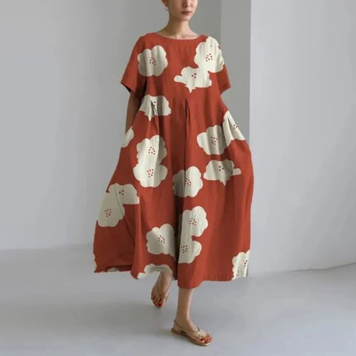 Floral Print Crew Neck Short Sleeve Midi Dress