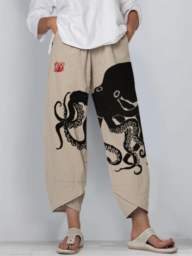 Octopus Japanese Lino Art Cropped Casual Pants