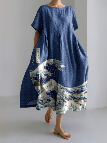 Japanese Art Sea Wave Linen Blend Maxi Dress