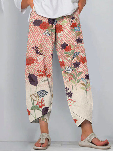 Japanese Art Flower Print Casual Pants