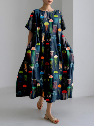Colorful Jellyfish Art Pattern Linen Blend Maxi Dress