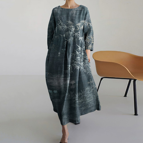 Vintage Bamboo Print Long Sleeve Casual Midi Dress