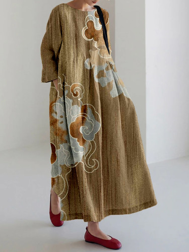 Vintage Cloud Pattern Linen Blend Cozy Maxi Dress