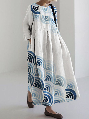 Sea Waves Japanese Lino Art Linen Blend Maxi Dress