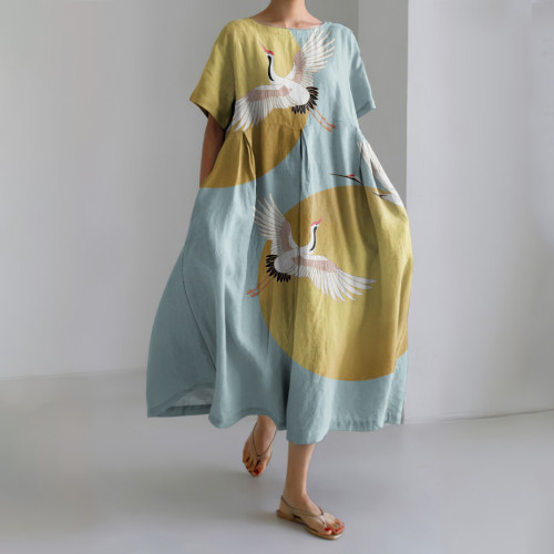 Japanese Art Crane Print Short Sleeve Midi Dress