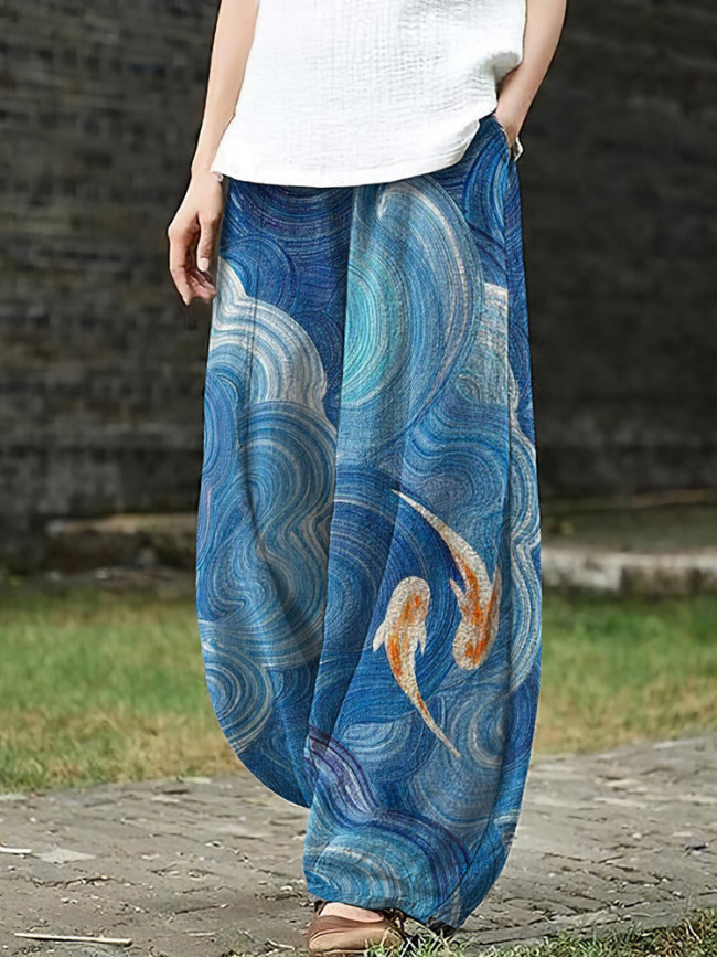 Japanese Art Wave Goldfish Print Loose Casual Pants