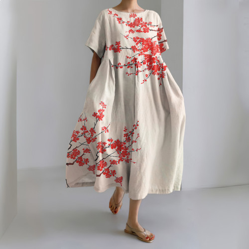 Japanese Art Floral Print Round Neck Short Sleeve Casual Midi Dress