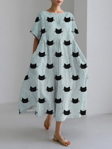 Black Cat Japanese Art Linen Blend Maxi Dress