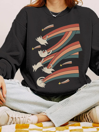 Meteor Rainbow Cat Print Crew Neck Sweatshirt
