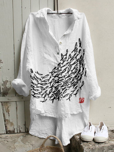 Fish Japanese Art Linen Blend High Low Tunic