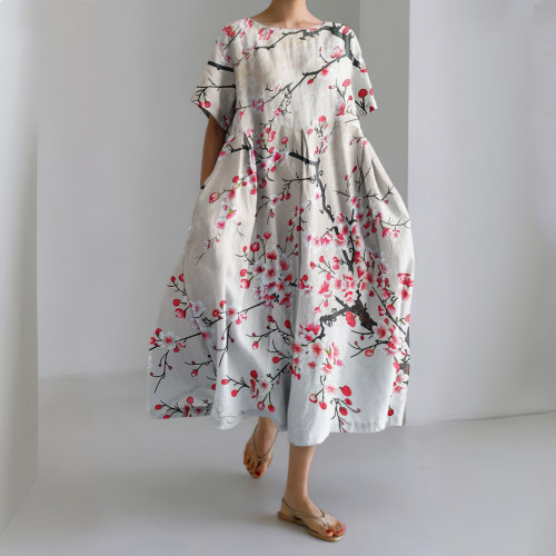 Blossom Japanese Art  Round Neck Short Sleeve Casual Midi Dress