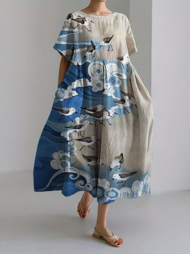 Seagulls Seaside Waves Contrast Linen Blend Maxi Dress