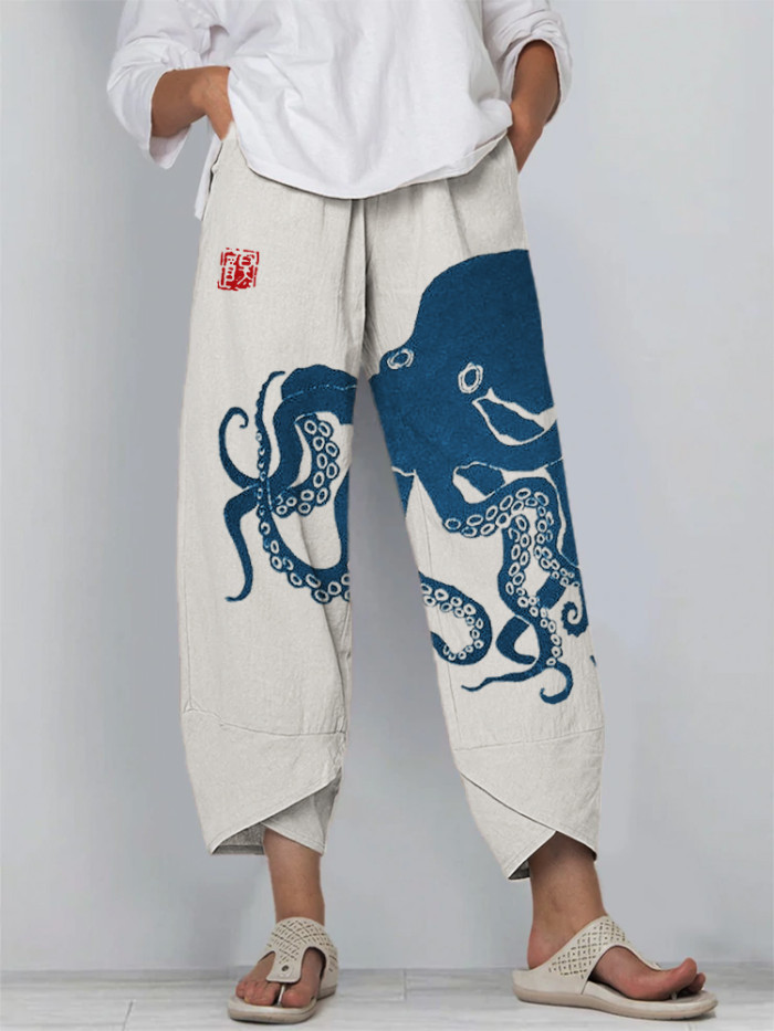 Octopus Japanese Lino Art Cropped Casual Pants