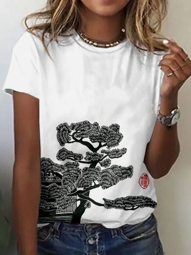 Pine Tree & Roof Japanese Lino Art Comfy T Shirt