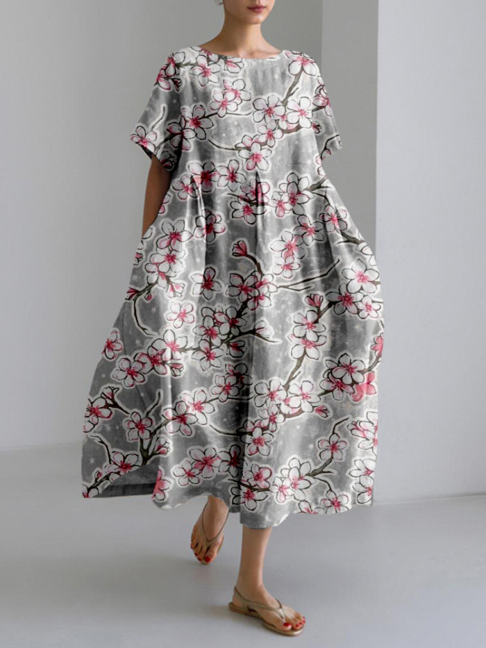 Japanese Cherry Blossom Art Linen Blend Maxi Dress