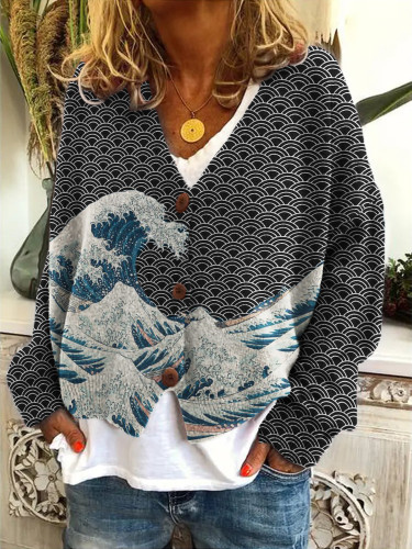 The Great Wave off Kanagawa Japanese Art Cozy Knit Cardigan