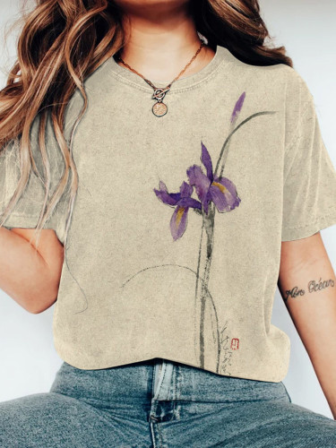 Iris Flower Print Round Neck Short Sleeve T-Shirt