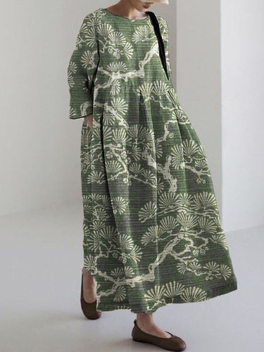 Pine Trees Japanese Lino Art Linen Blend Maxi Dress