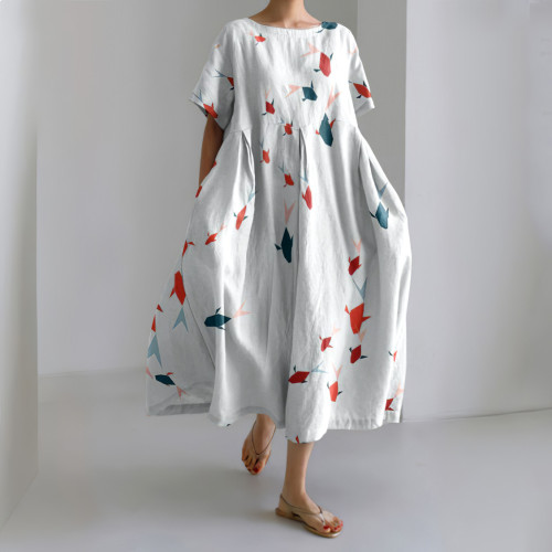 Fish Print Round Neck Short Sleeve Loose Midi Dress