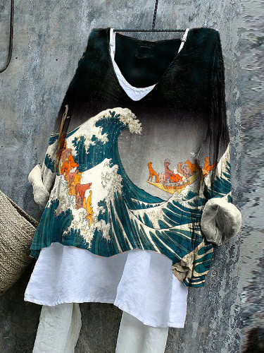Vintage The Great Wave And Isle Of Dogs Japanese Art Blossom Print V-Neck Shirt