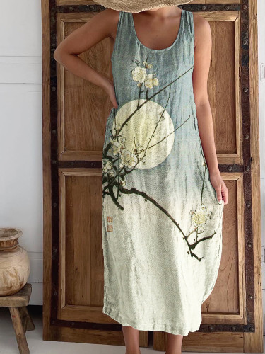 Plum Blossom Full Moon Gradient Japanese Art Linen Blend Tank Maxi Dress