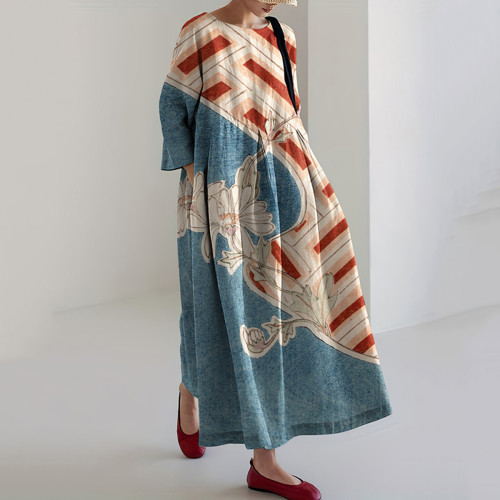 Women‘s Japanese Floral Geometry Linen Blend Maxi Dress