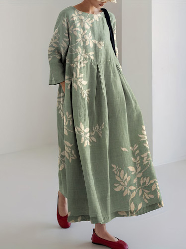 Japanese Art Flower Print Long Sleeve Casual Midi Dress