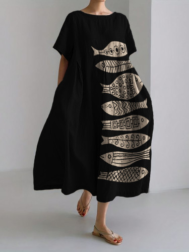 Fish Japanese Lino Art Flowy Linen Blend Maxi Dress