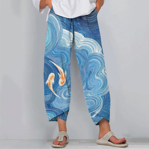 Japanese Art Wave Goldfish Print Casual Pants