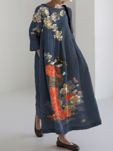 Elegant Japanese Geisha with Flowers Art Linen Blend Maxi Dress