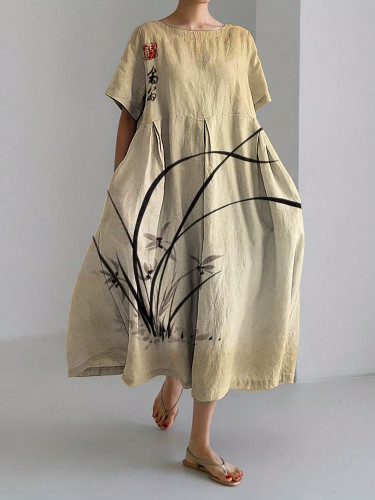 Orchid Japanese Art Linen Blend Maxi Dress