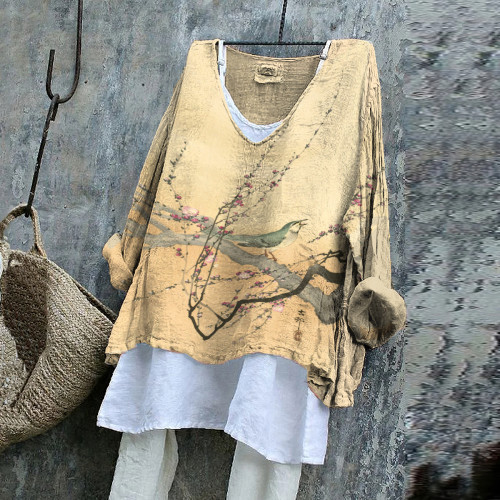 Japanese Art Print Songbird And Plum Blossom Cotton Linen V Neck Casual Shirt