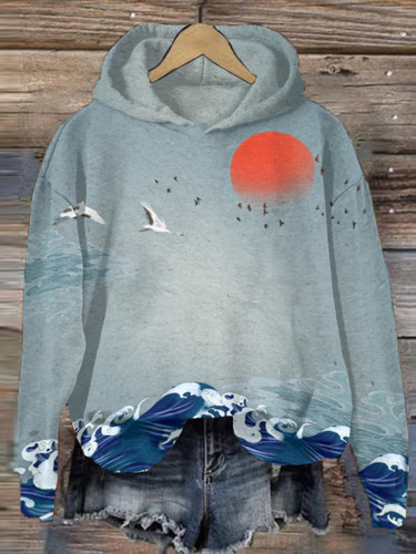 Women Japanese Art Sunset Glow Printed Hoodie