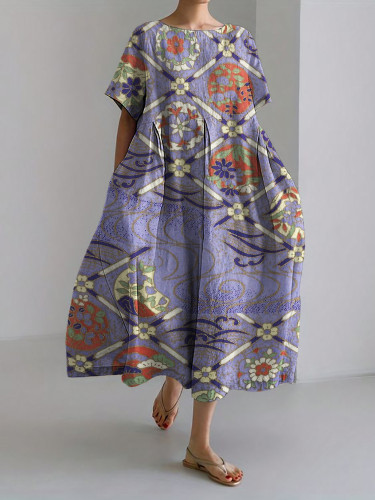 Floral Japanese Traditional Linen Blend Maxi Dress