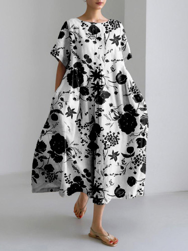 Yin Yang Japanese Pattern Linen Blend Maxi Dress