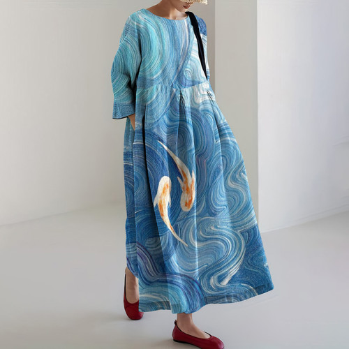 Japanese Art Wave Goldfish Print Crew Neck Loose Midi Dress