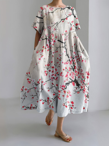 Blossom Japanese Art  Round Neck Short Sleeve Casual Midi Dress