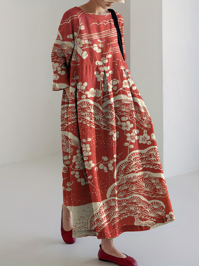 Women Japanese Art Plum Blossom Linen Blend Long Sleeve Maxi Dress