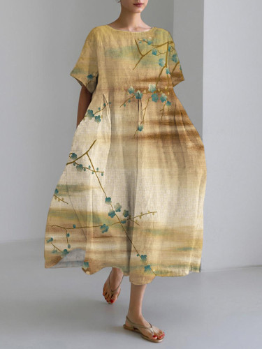 Plum Blossom Japanese Art Linen Blend Maxi Dress